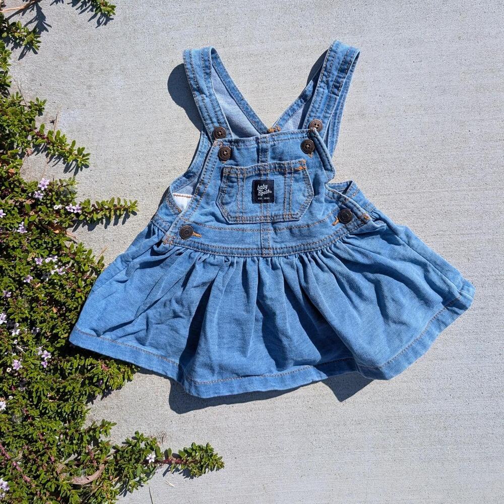 OshKosh B'gosh Denim Overall Pinafore Jumper Dress Blue Baby Girl Size 6M 14"